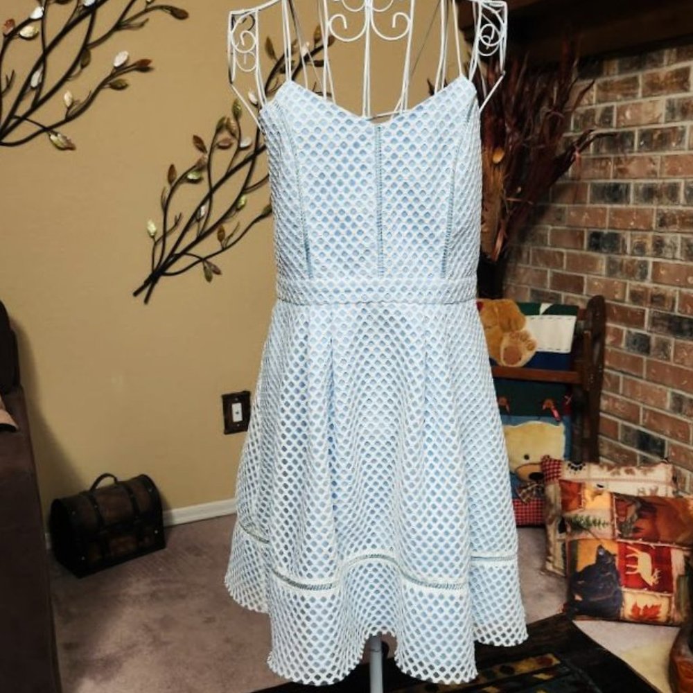 NWT TopShop blue / white open weave spaghetti criss cross backed dress sz 8